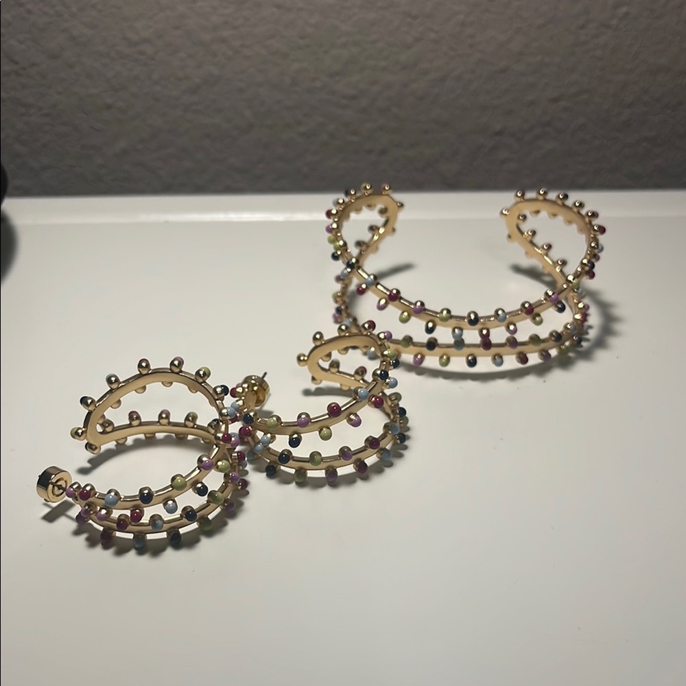Gold and Multicolor Beaded Earrings and Bracelet